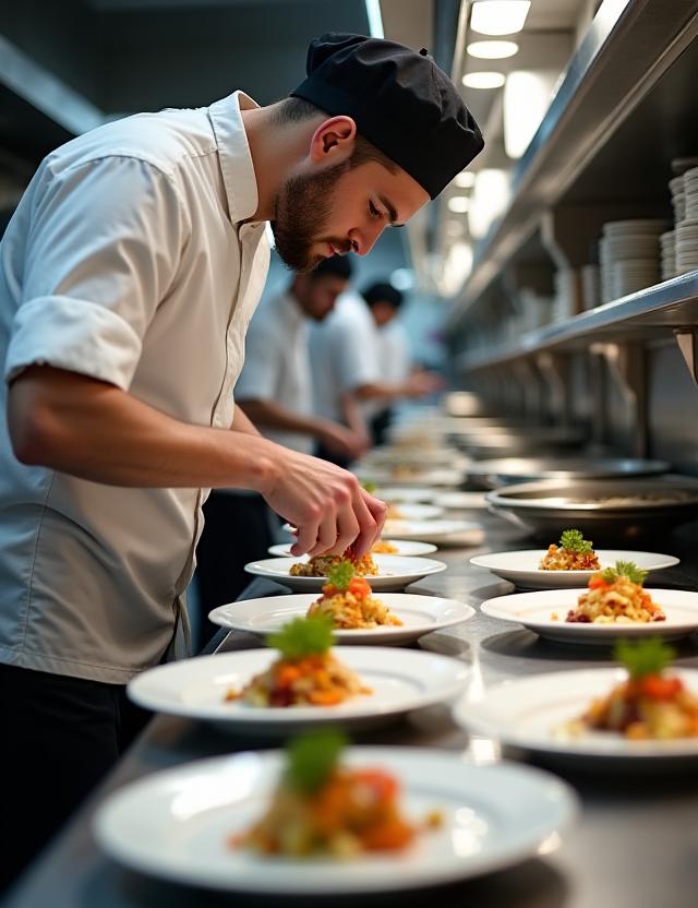 Chefkoch beim Anrichten von Gerichten am Pass in der Restaurantküche.