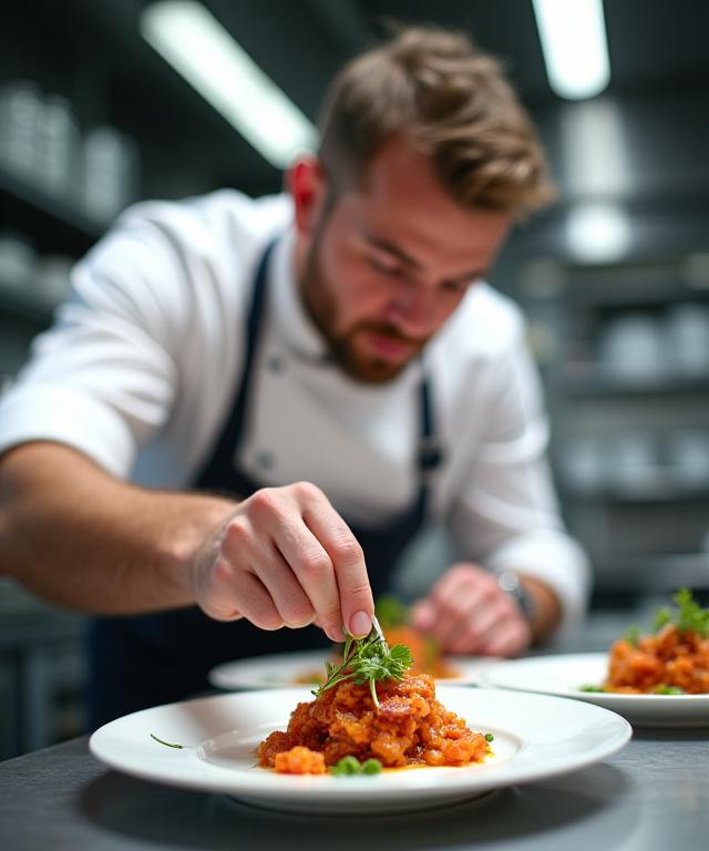 Unser Chefkoch legt sorgfältig ein Gericht an, das die Präzision und Kunstfertigkeit unserer Küche zeigt.