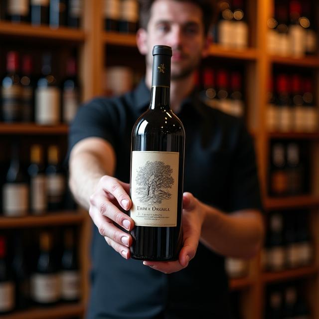 Ein Sommelier präsentiert eine Flasche erlesenen Weins vor dem Weinregal.