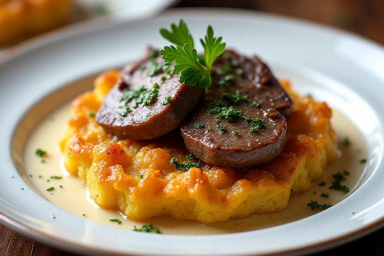 Ein Teller mit perfekt zubereitetem Zürcher Kalbsgeschnetzeltem und goldbrauner Rösti.