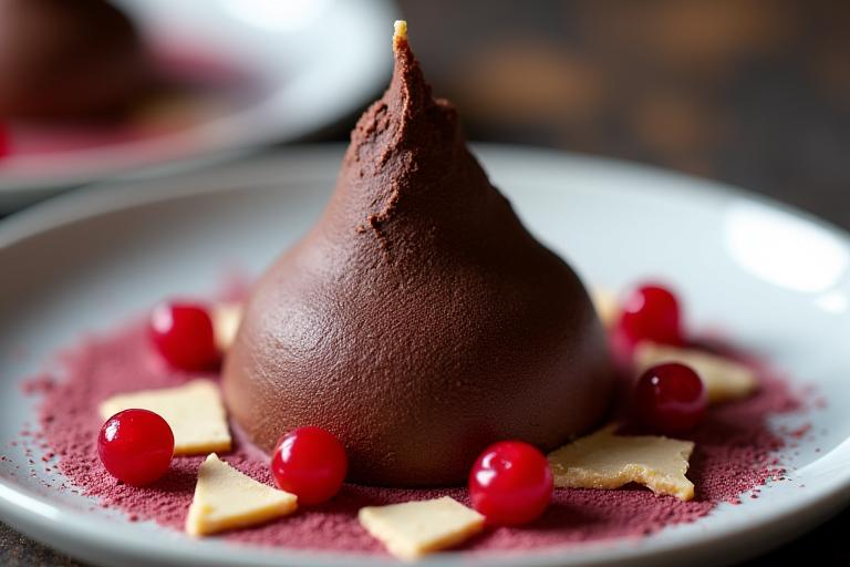 Ein kunstvoll angerichtetes Schokoladen-Mousse-Dessert in Form eines Berggipfels.