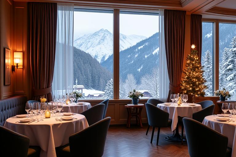 Elegante Inneneinrichtung des Speisesaals im Winter mit Blick auf die Alpen.